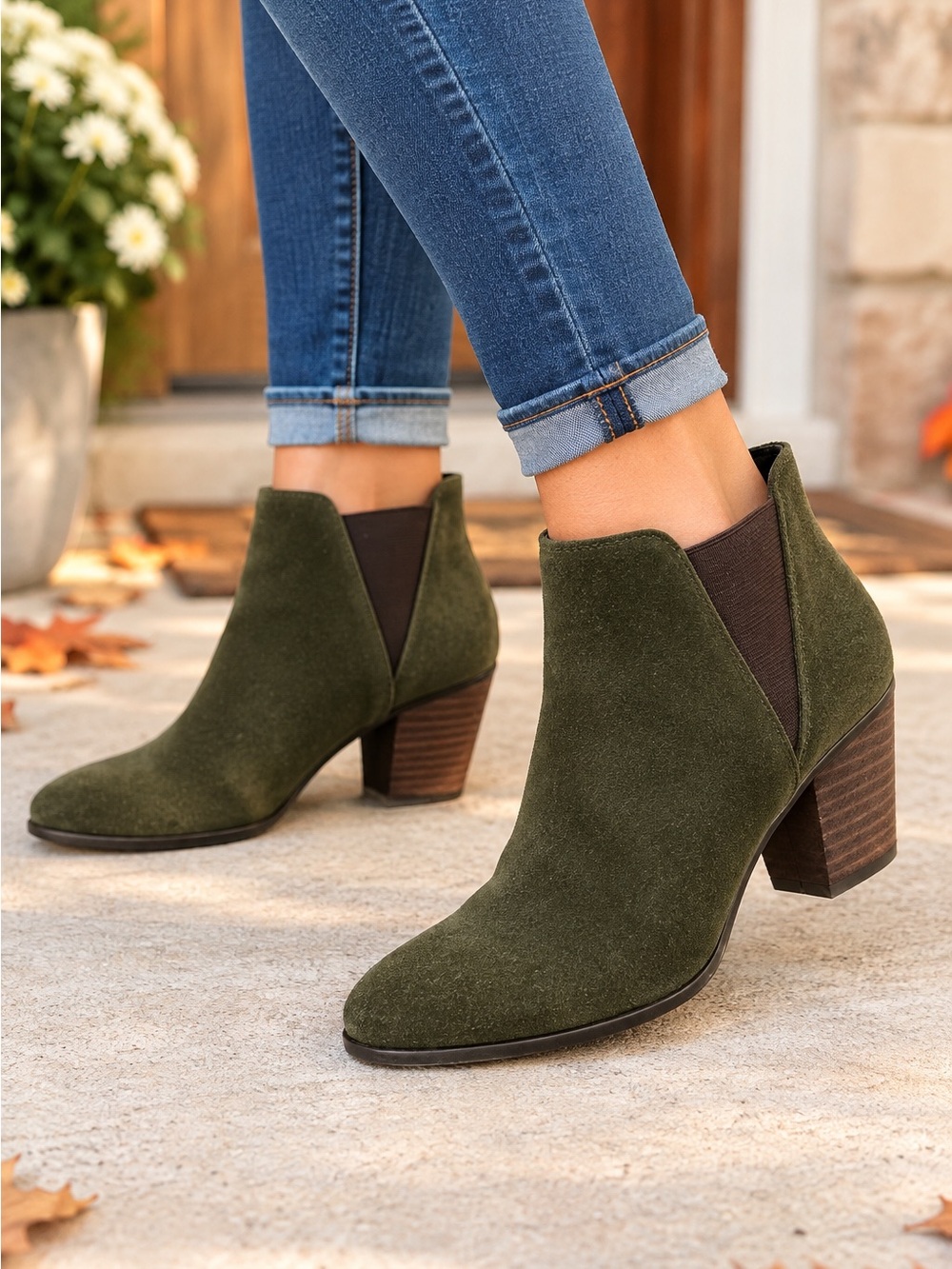GUESS Ankle Boots Size 6M Olive Green Suede With A Block Heel